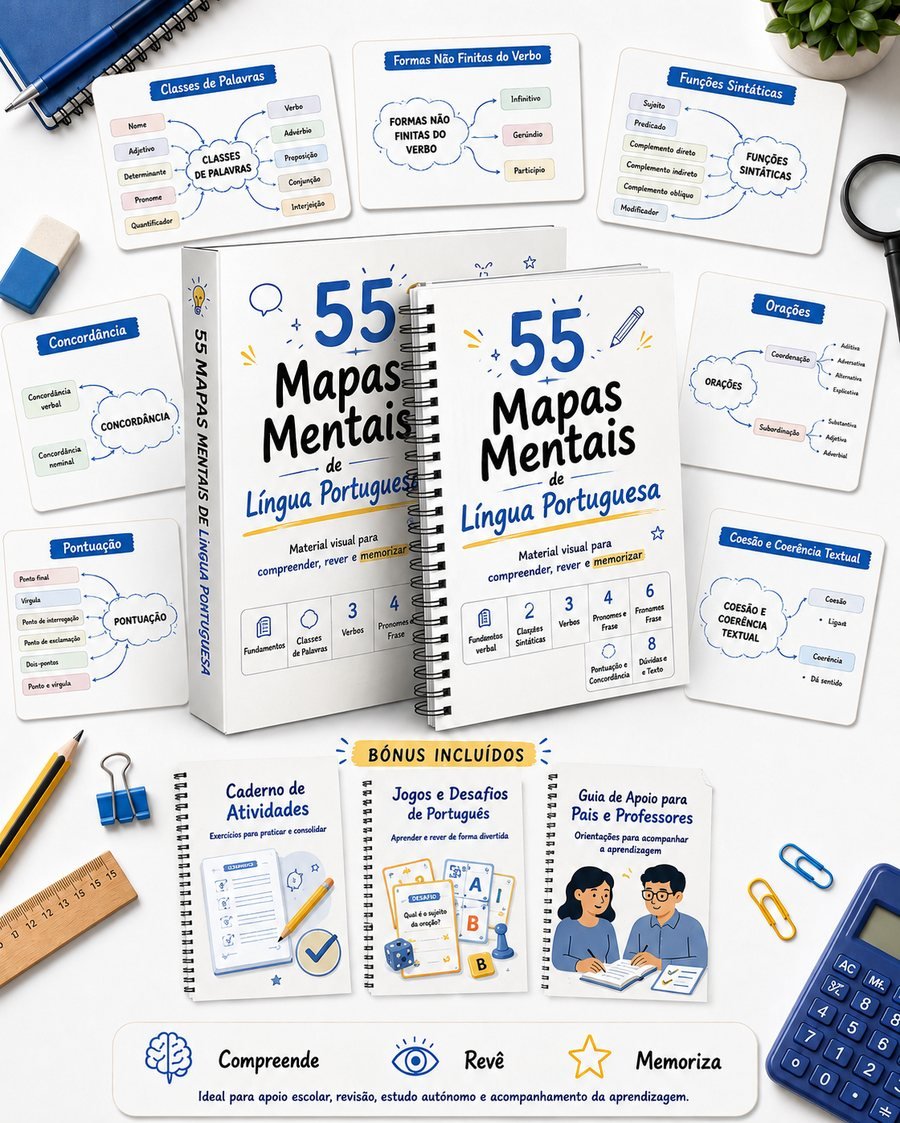 55 Mapas Mentais de Língua Portuguesa, material e bónus incluídos